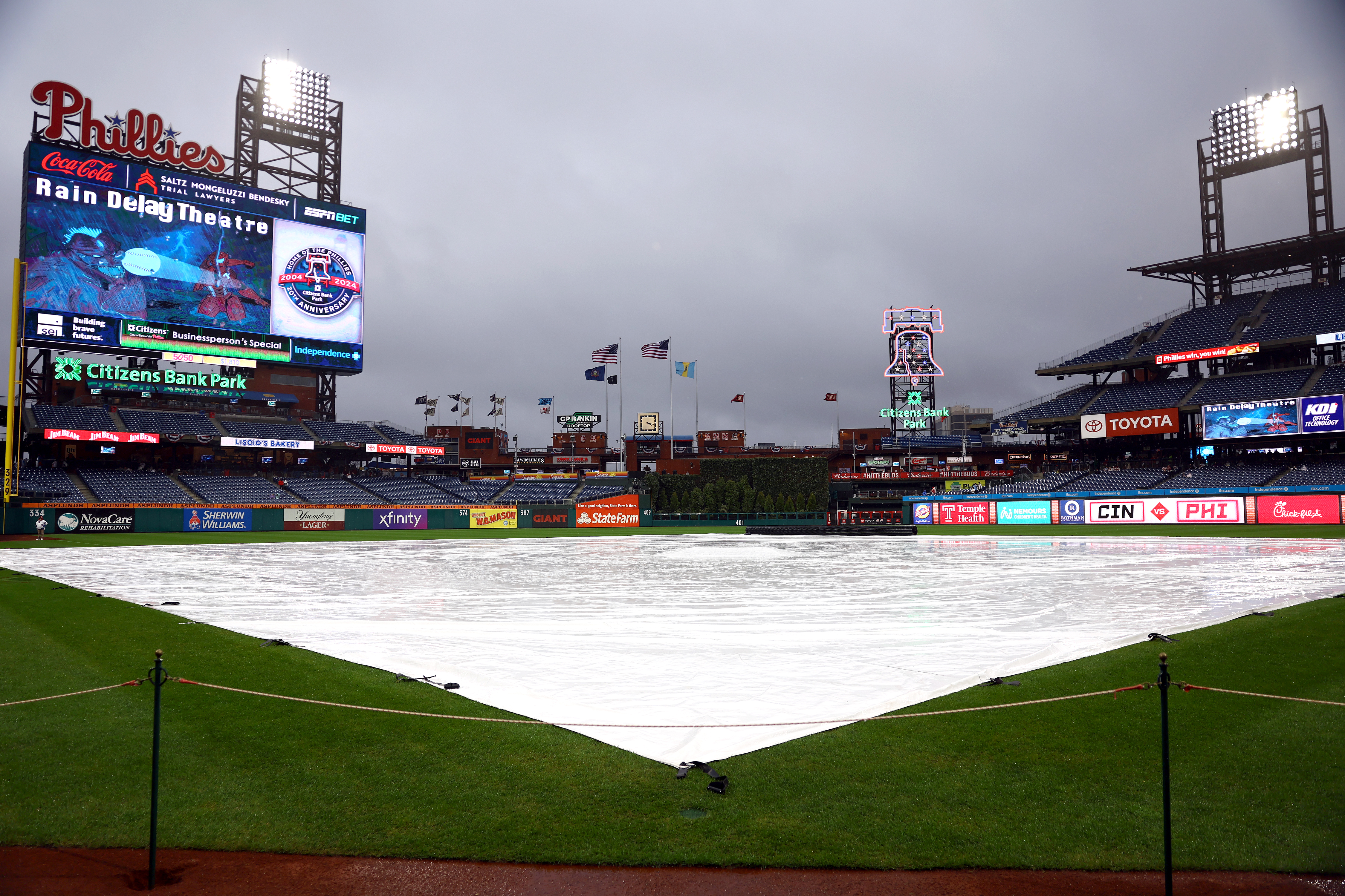 PHILADELPHIA, PENNSYLVANIA – APRIL 03: A general view is seen during a rain delay between the Philadelphia Phillies and the Cincinnati Reds at Citizens Bank Park on April 03, 2024 in Philadelphia, Pennsylvania. (Photo by Tim Nwachukwu/Getty Images)